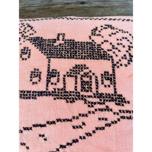 Vintage 1930s Feather Pillow Cross Stitched "the House by the Side Of the Road" - Picture 8 of 14